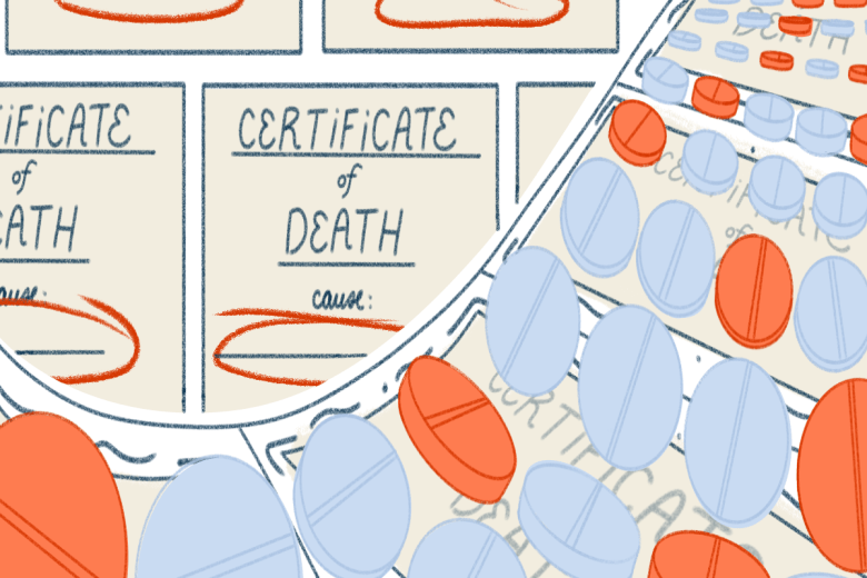 This illustration shows deaths certificates and rows of pills