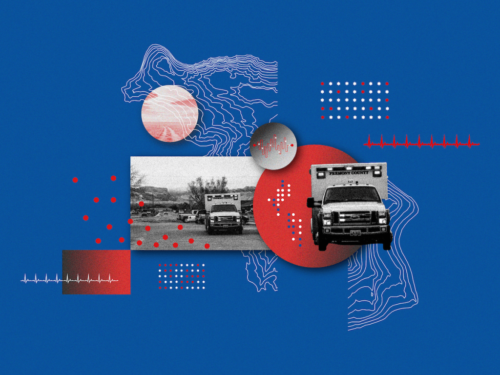 A collage of blue and red picture, geographical lines and ambulances